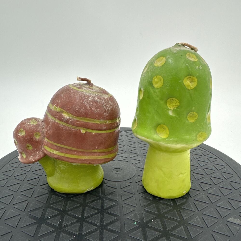 2 Vintage Mushroom Wax Candle Made In Japan Green & Brown